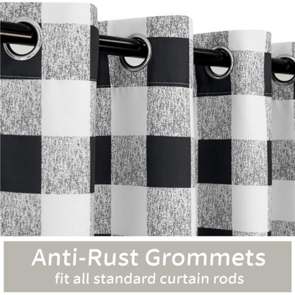 Buffalo Plaid Check Curtains Blackout Room Darkening Thermal Insulated Black - Picture 4 of 7